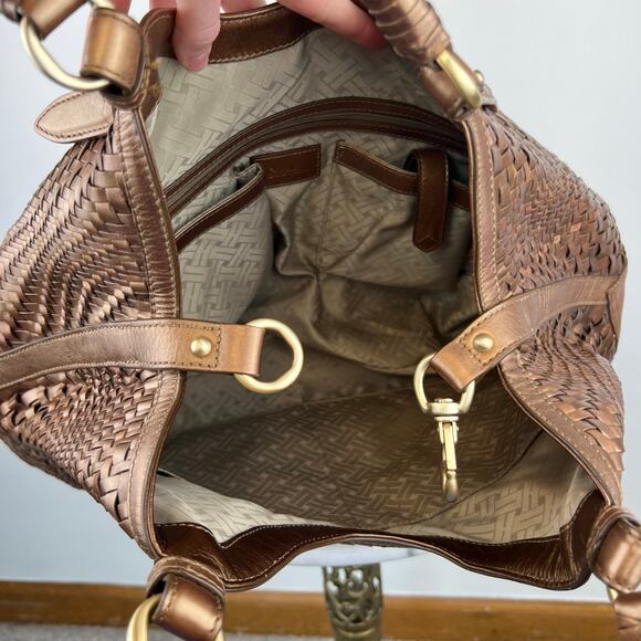 Cole Haan Genevieve Weave Brown Metallic Gold Leather Large Shoulder Bag - Picture 6 of 16